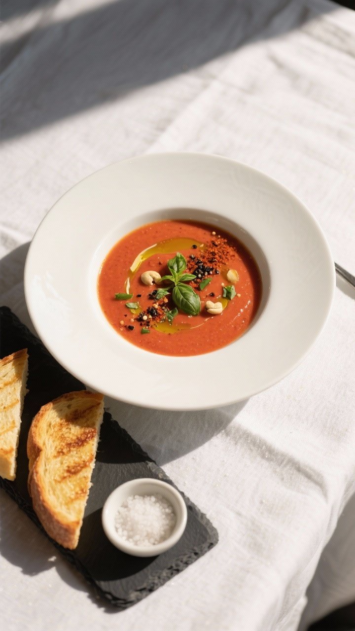 Final dish, tasty top view: Overhead shot of Creamy Cashew Tomato Soup blended ultra-smooth and pour