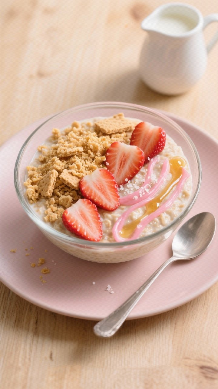 Final dish, tasty top view: Overhead shot of fully assembled Strawberry Shortcake Protein Overnight 
