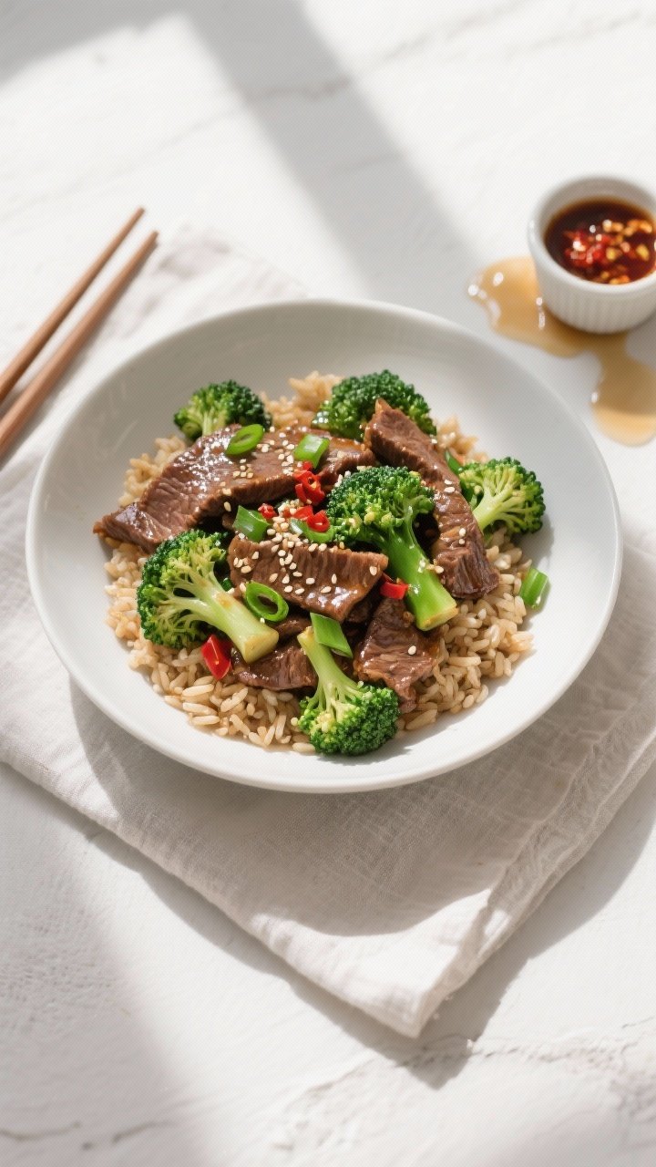 Final dish, tasty top view: Overhead shot of Healthy Beef and Broccoli Stir-Fry served over fluffy b