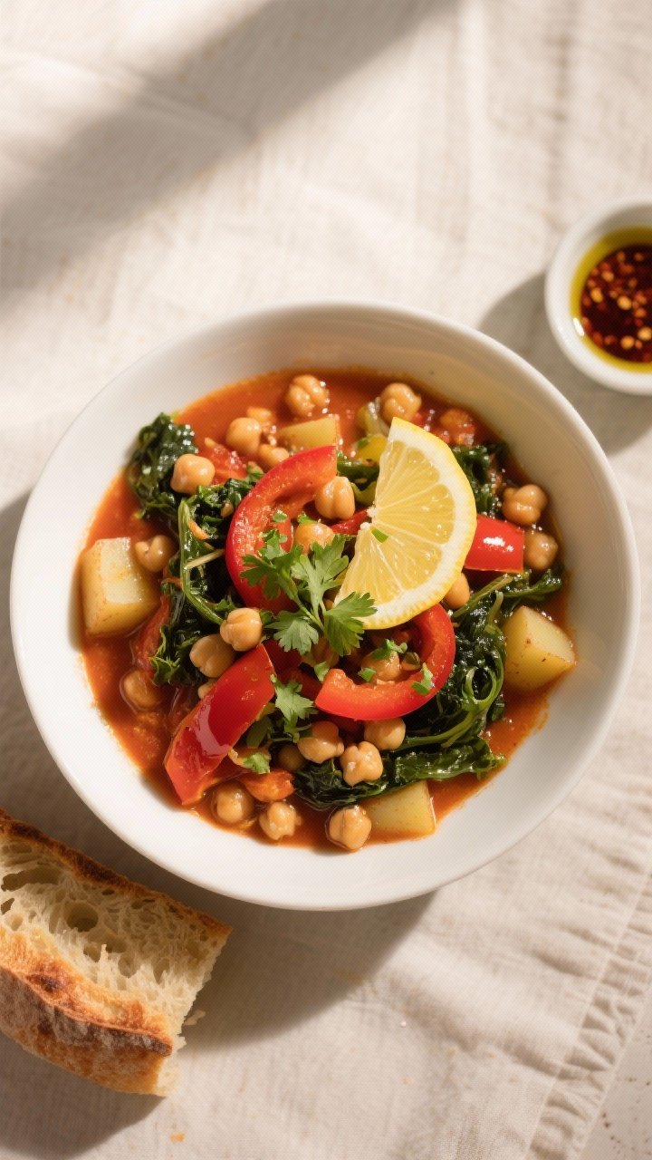 Final dish, tasty top view: Overhead shot of Hearty Chickpea & Vegetable Stew ladled into a wide, sh