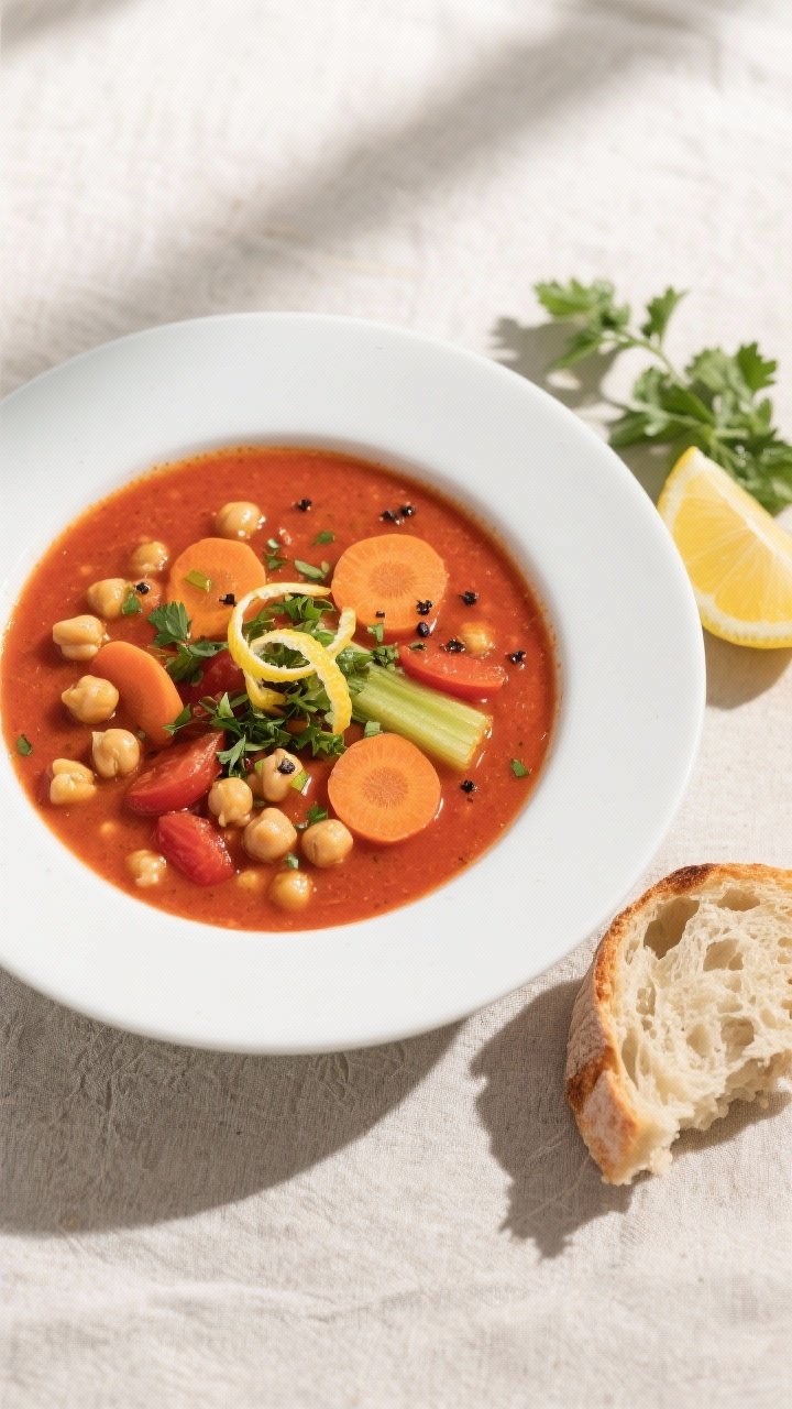 Final dish, tasty top view: Overhead shot of Mediterranean Chickpea Tomato Soup ladled into a wide w
