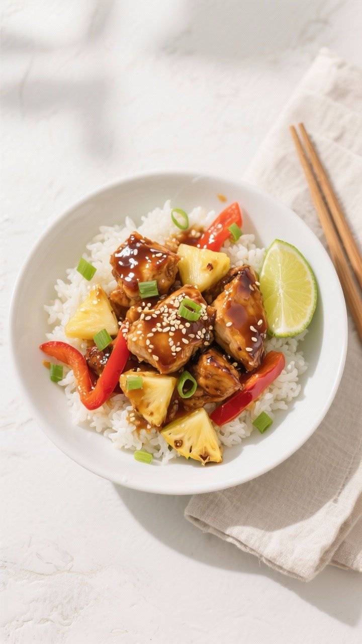 Final dish, tasty top view: Overhead shot of Pineapple Teriyaki Chicken served over fluffy jasmine r
