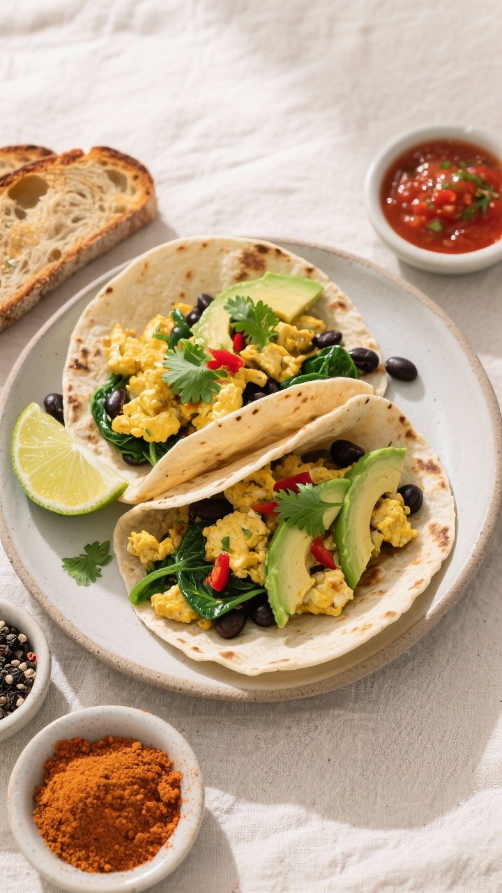 Final dish, tasty top view: Overhead shot of the finished tofu scramble piled into warm tortillas an