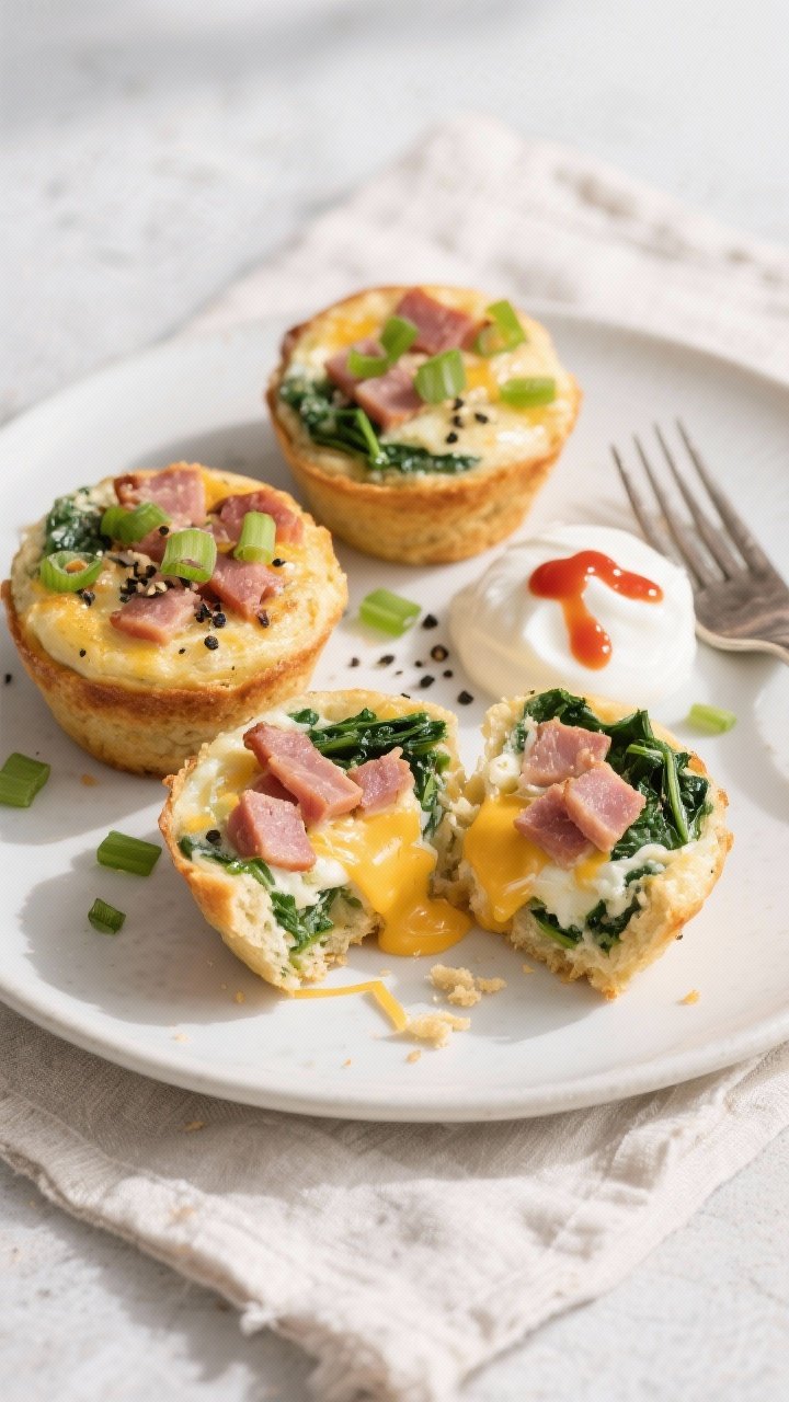 Final dish, tasty top view: Overhead shot of three Ham & Spinach Egg Muffins plated on a matte white
