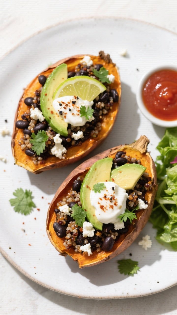Final dish, tasty top view: Overhead shot of two Black Bean & Quinoa Stuffed Sweet Potatoes on a mat