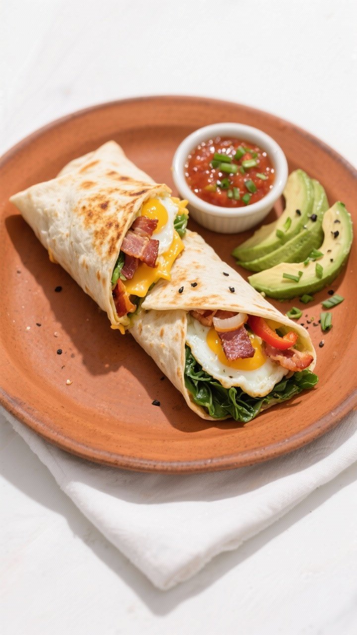 Final dish top-down: Overhead shot of a sliced-in-half Egg & Turkey Bacon Breakfast Burrito, tightly