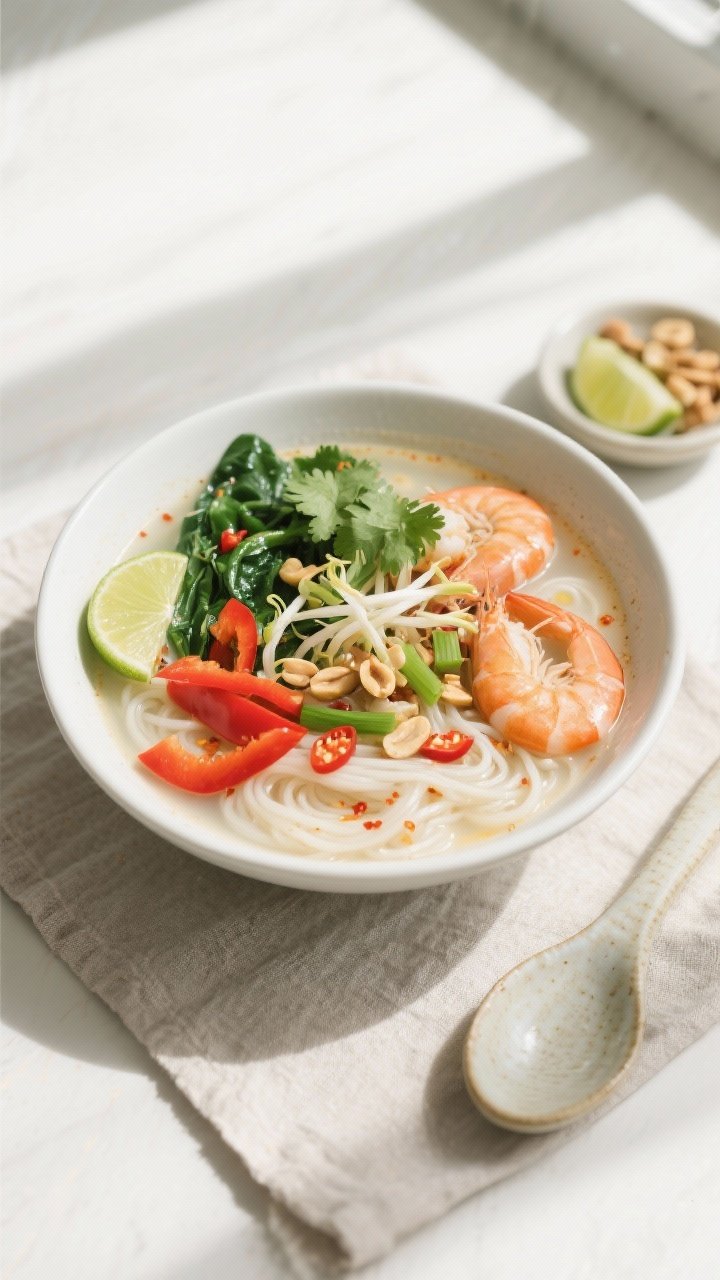 Final dish top-down: Overhead shot of Thai-inspired coconut noodle soup in a matte white bowl—slur