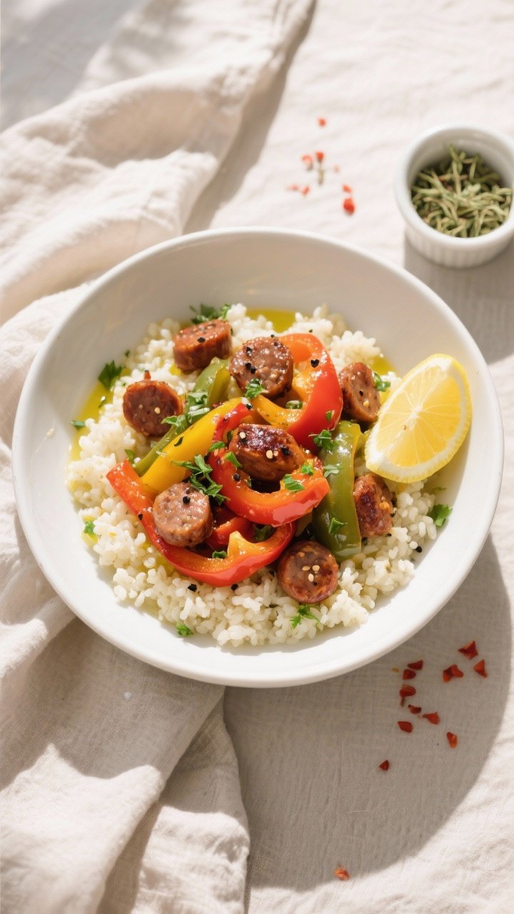 Final dish top view: Finished Keto Sausage and Peppers plated over cauliflower rice in a wide white 