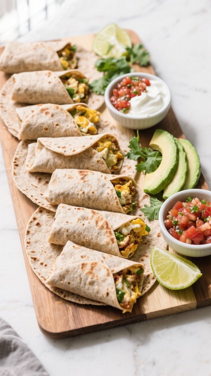 Final dish top view: Meal-prep line-up of high-protein breakfast burritos on a board—some fully ro