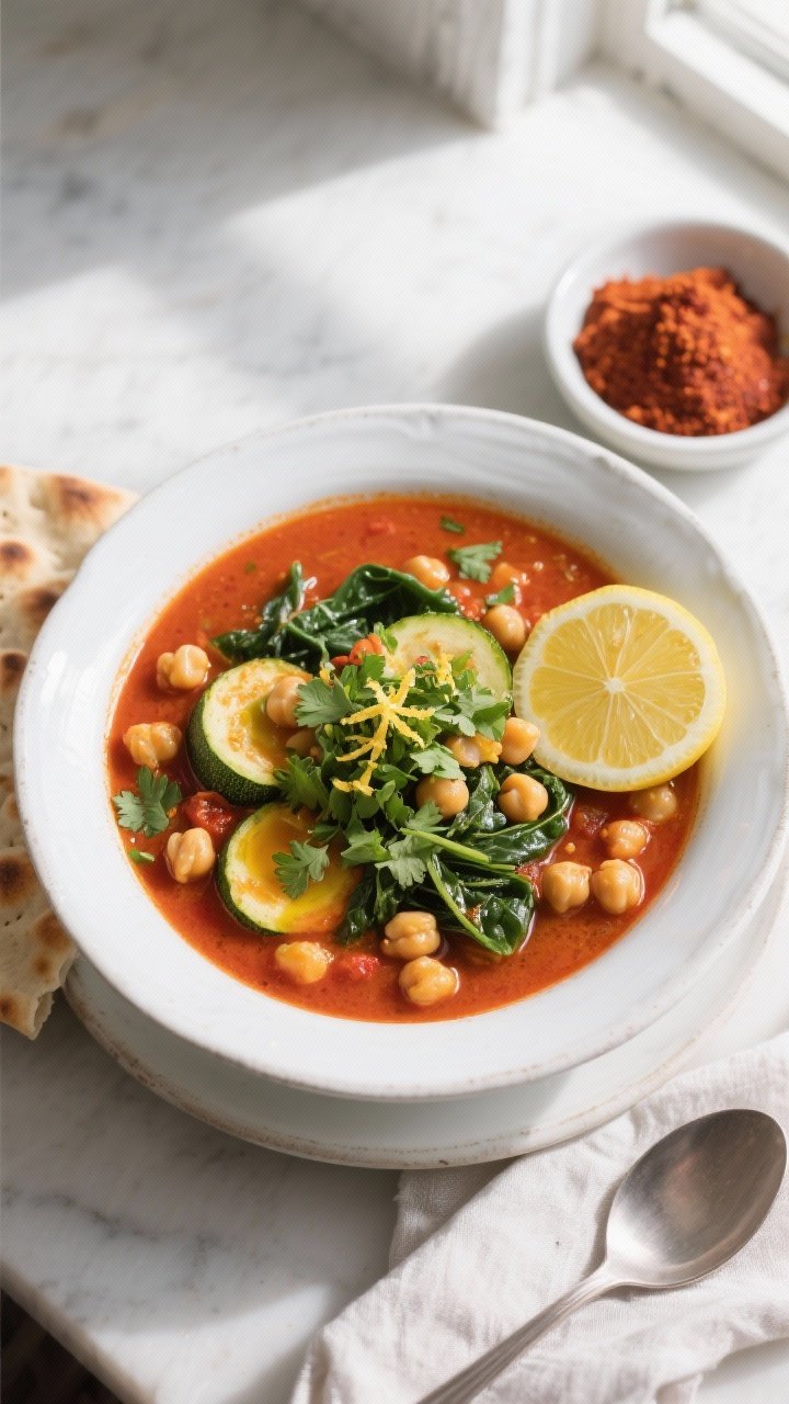 Final dish, top view: Overhead shot of a finished bowl of Moroccan Harissa Vegetable Soup in a wide 