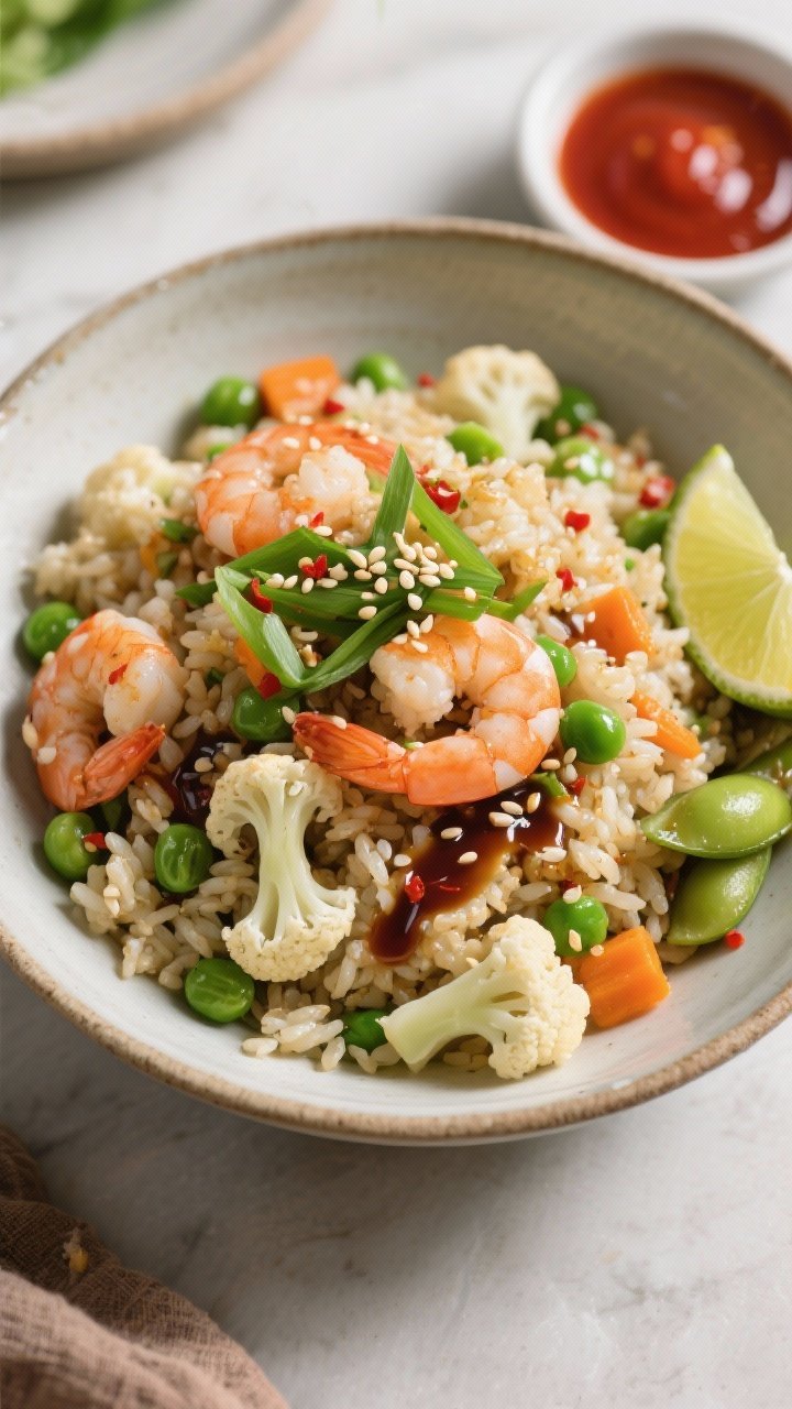 Final dish, top view: Overhead shot of cauliflower fried rice plated in a wide, shallow ceramic bowl