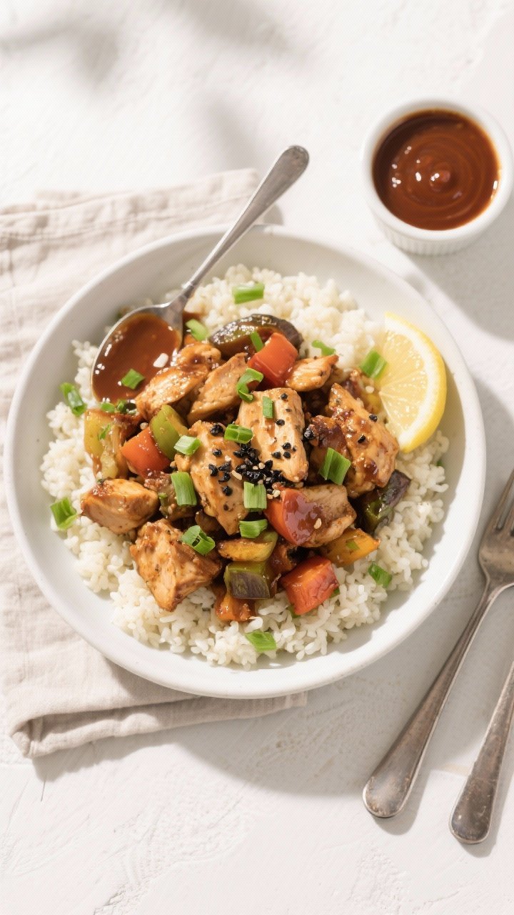 Final dish top view: Overhead shot of Keto BBQ Chicken Skillet served over fluffy cauliflower rice i