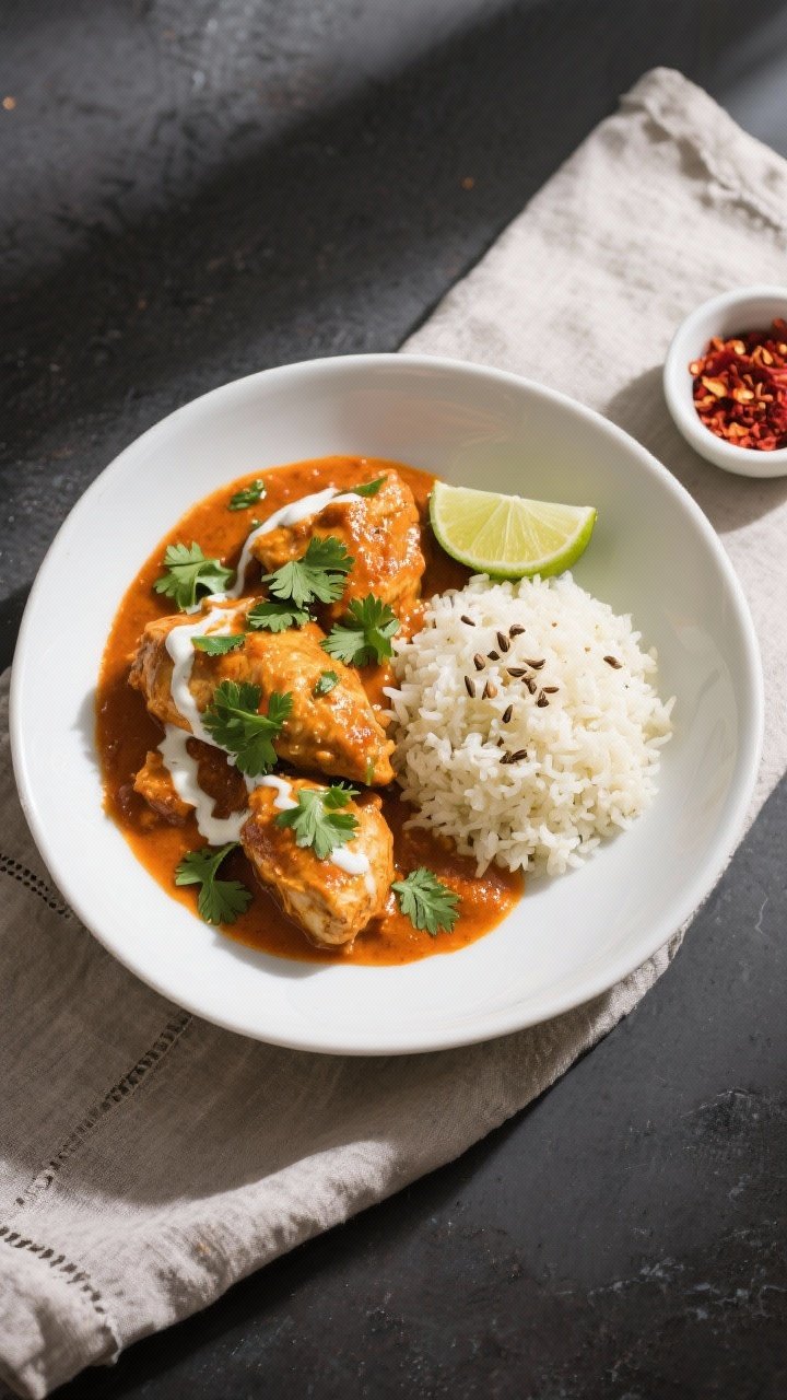 Final dish top view: Overhead shot of Keto Chicken Tikka Masala plated in a shallow white bowl, glos