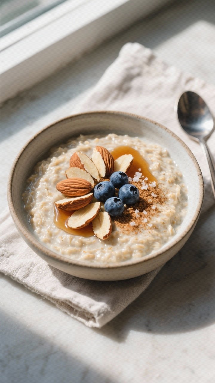Final dish, top view: Overhead shot of Maple Almond Protein Overnight Oats after an overnight chill,