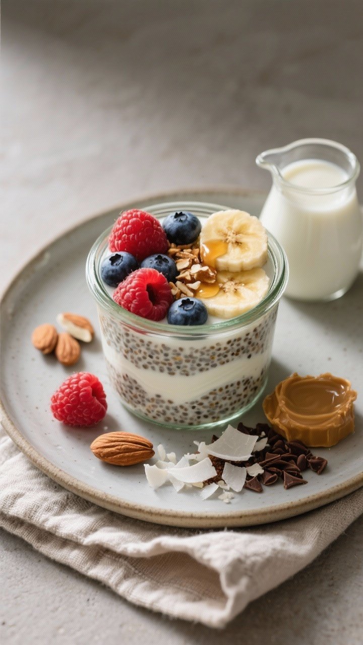 Final dish, top view: Overhead shot of set vanilla protein chia seed pudding in a clear glass jar la
