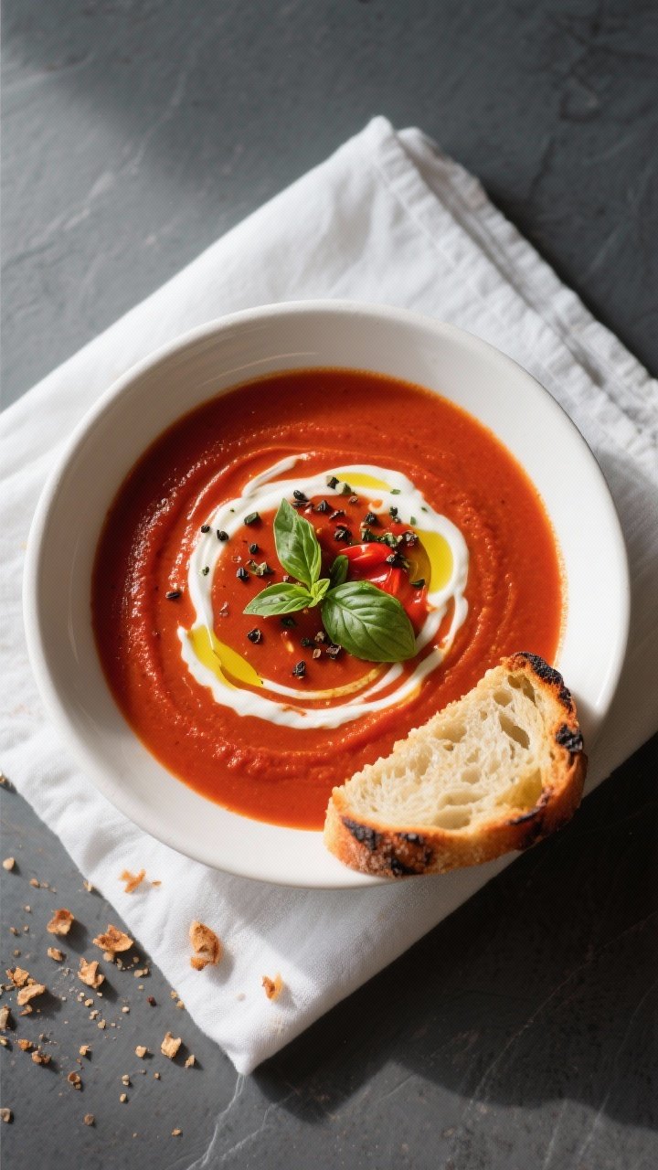 Final dish, top view: Overhead shot of Smoky Tomato & Red Pepper Soup served in a wide, matte white 