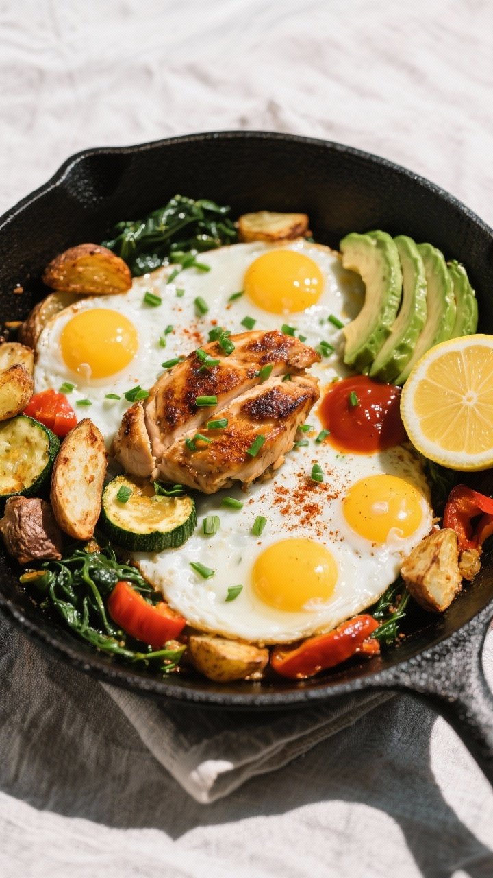 Final dish, top view: Tasty of the finished Chicken and Veggie Breakfast Skillet served straight fro