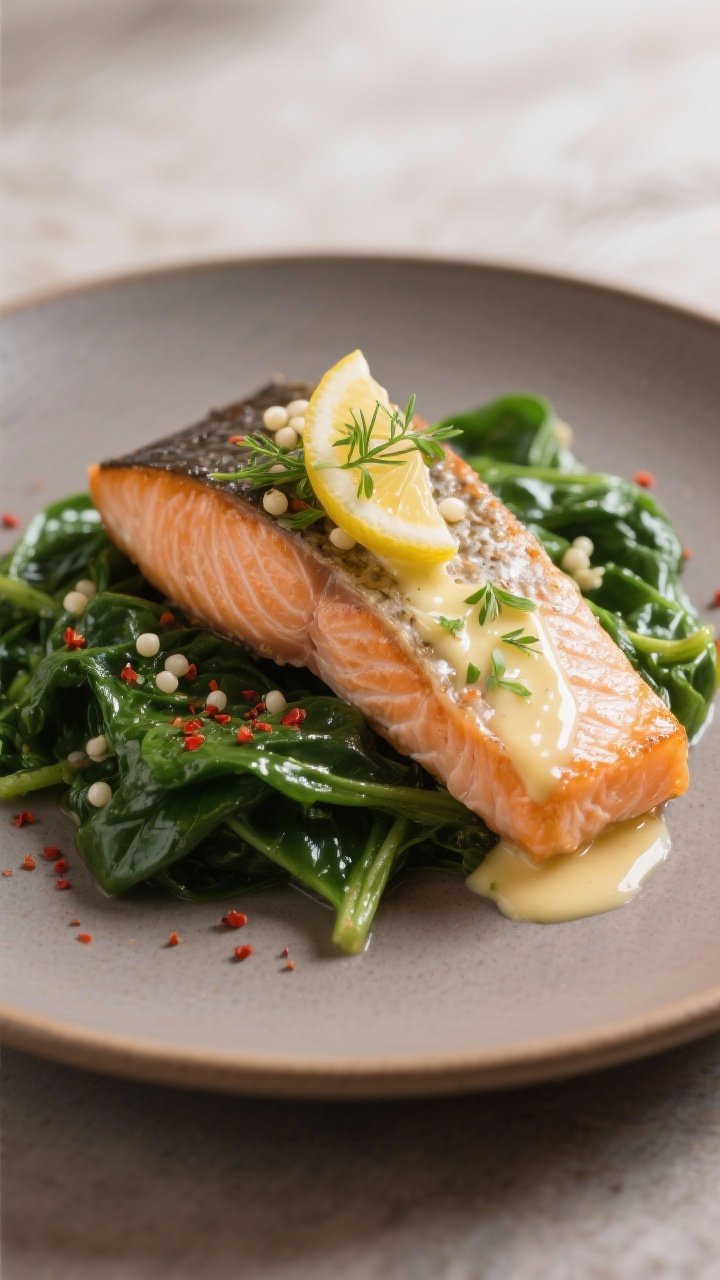 Final hero plate, restaurant-quality presentation: Single salmon fillet perched on silky spinach wit