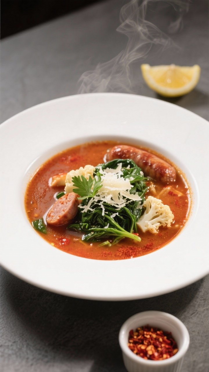Final plated beauty: A restaurant-quality bowl of the keto spicy sausage soup plated in a wide white