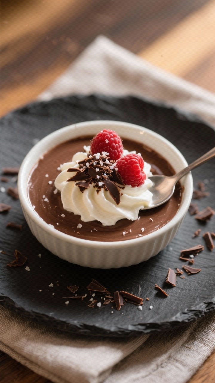 Final plated beauty: Elegant ramekin of set keto chocolate pudding topped with a soft swirl of unswe