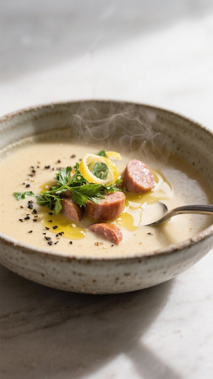 Final plated beauty: Restaurant-quality presentation of the finished soup in a stoneware bowl, garni