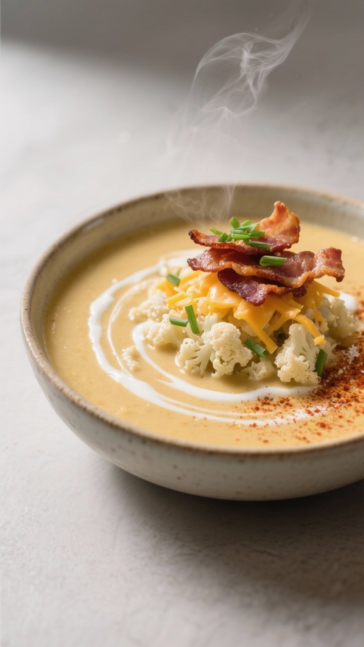 Final plated beauty: Restaurant-quality presentation of keto loaded cauliflower soup in a wide, shal