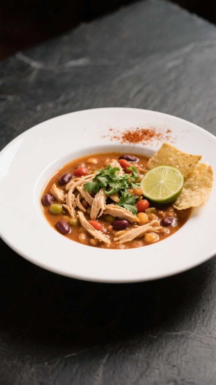 Final plated beauty: Restaurant-quality presentation of Ranch Chicken Chili ladled into a wide, shal