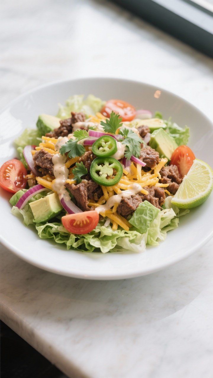Final plated beauty shot: Keto Beef Taco Salad artfully composed in a wide, shallow white bowl—lay