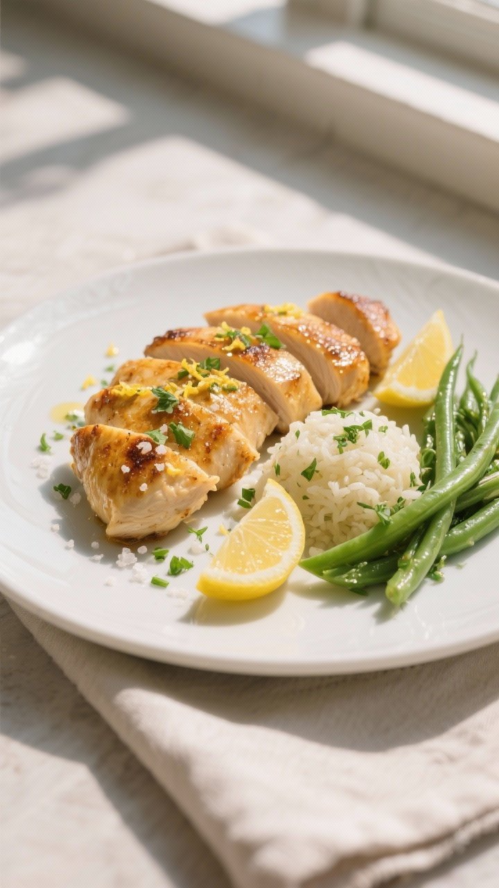 Final plated beauty shot: Pan-seared chicken tenderloins arranged in a gentle fan on a matte white p