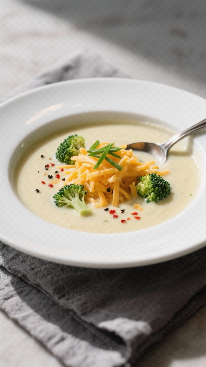 Final plated bowl beauty: Creamy Keto Broccoli Cheddar Soup ladled into a wide white ceramic bowl, g