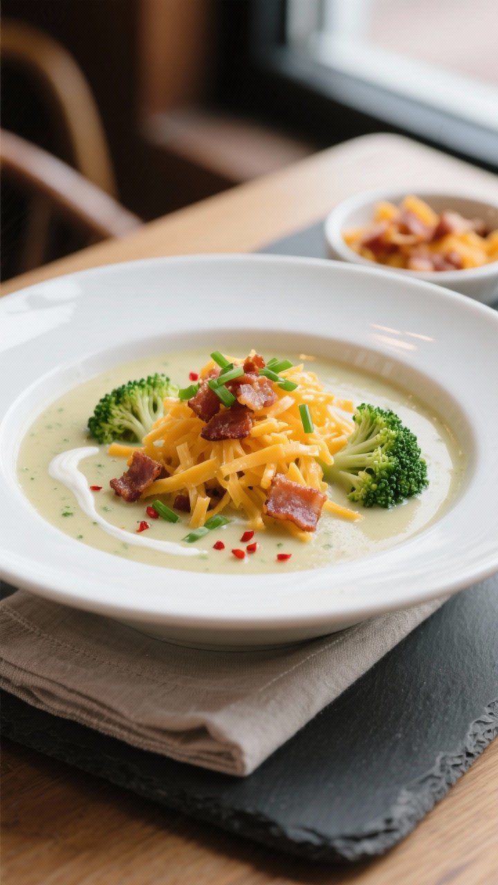 Final plated bowl, café-style: A deep white bowl filled with creamy broccoli cheddar keto soup, gar