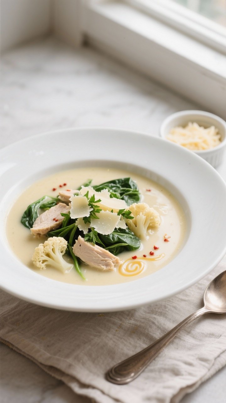 Final plated bowl: Restaurant-quality presentation of Keto Creamy Chicken Alfredo Soup in a wide whi