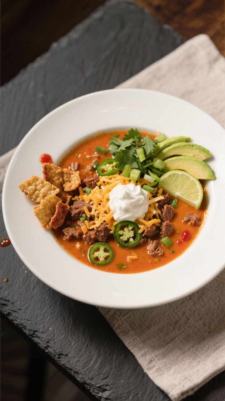 Final plated bowl, restaurant-quality presentation: Beautifully plated Spicy Keto Taco Soup in a wid