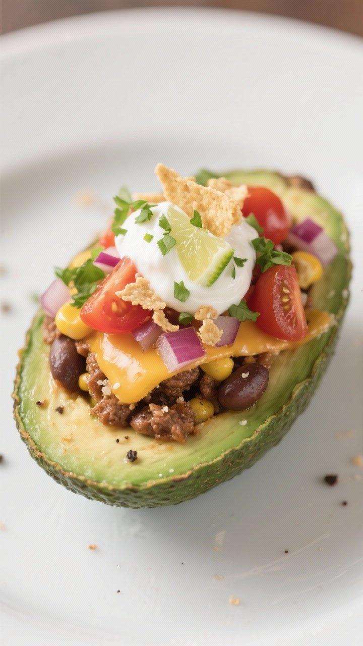 Final plated close-up detail: Taco-stuffed Haas avocado half cradling warm, seasoned beef-bean-corn