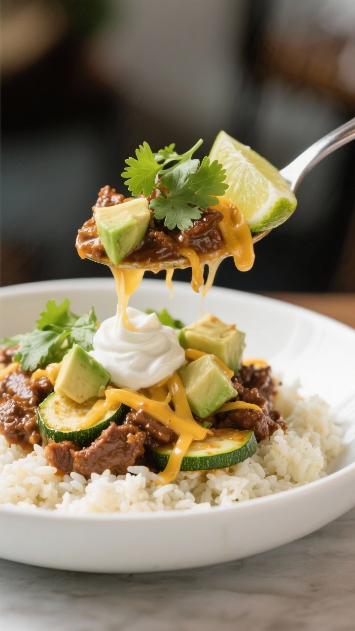 Final plated dish: A generous serving spooned into a shallow white bowl over fluffy cauliflower rice