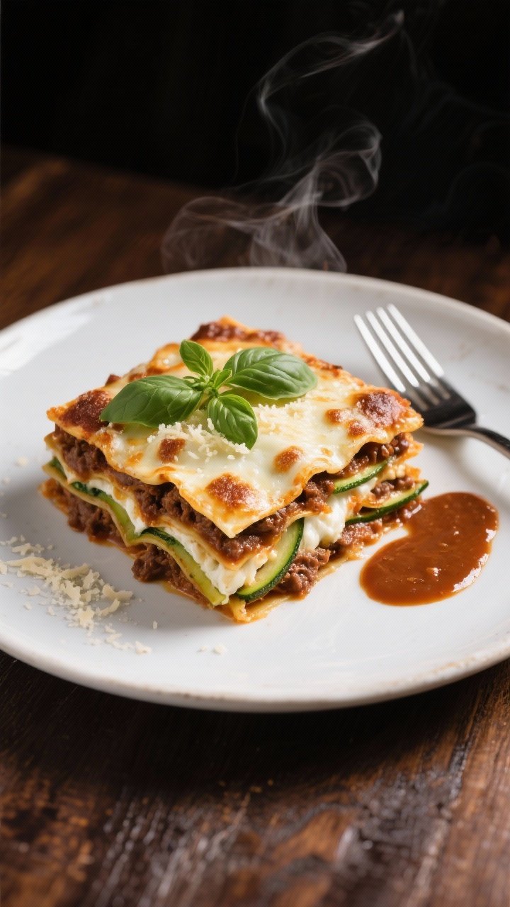 Final plated dish: A generous slice of keto beef lasagna on a white ceramic plate, layers clearly de