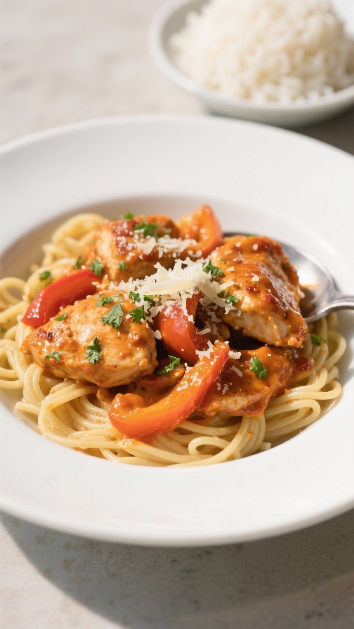 Final plated dish: Beautifully plated Creamy Cajun Chicken Skillet over buttered pasta in a wide whi
