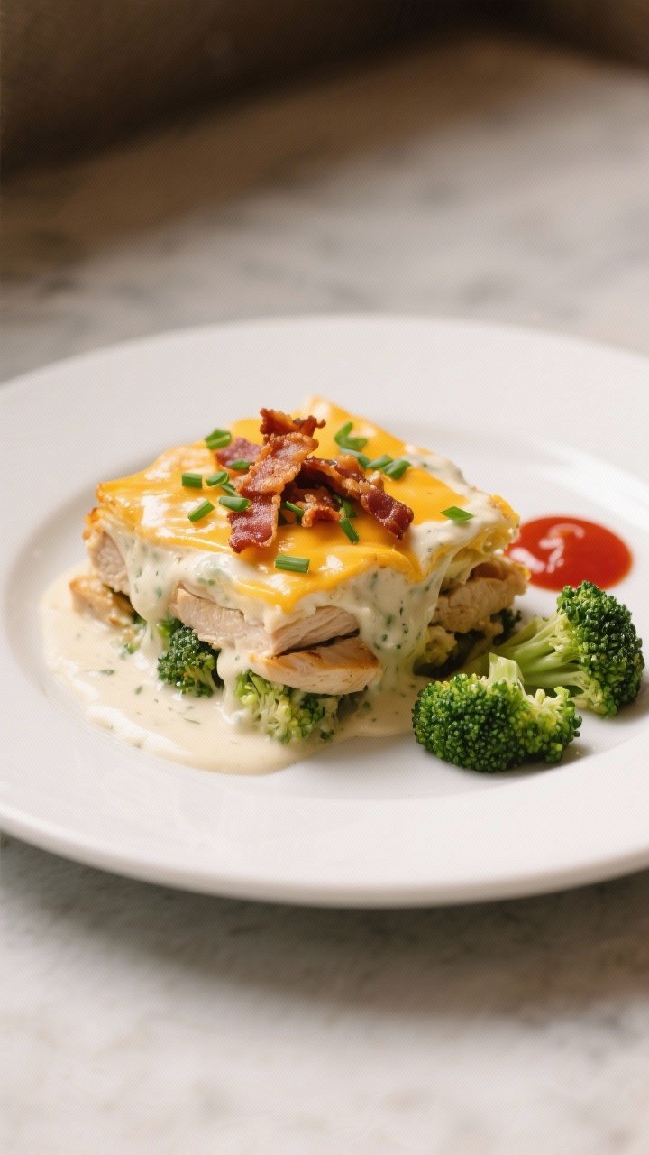 Final plated dish: Beautifully plated portion of the casserole on a matte white dinner plate, a neat