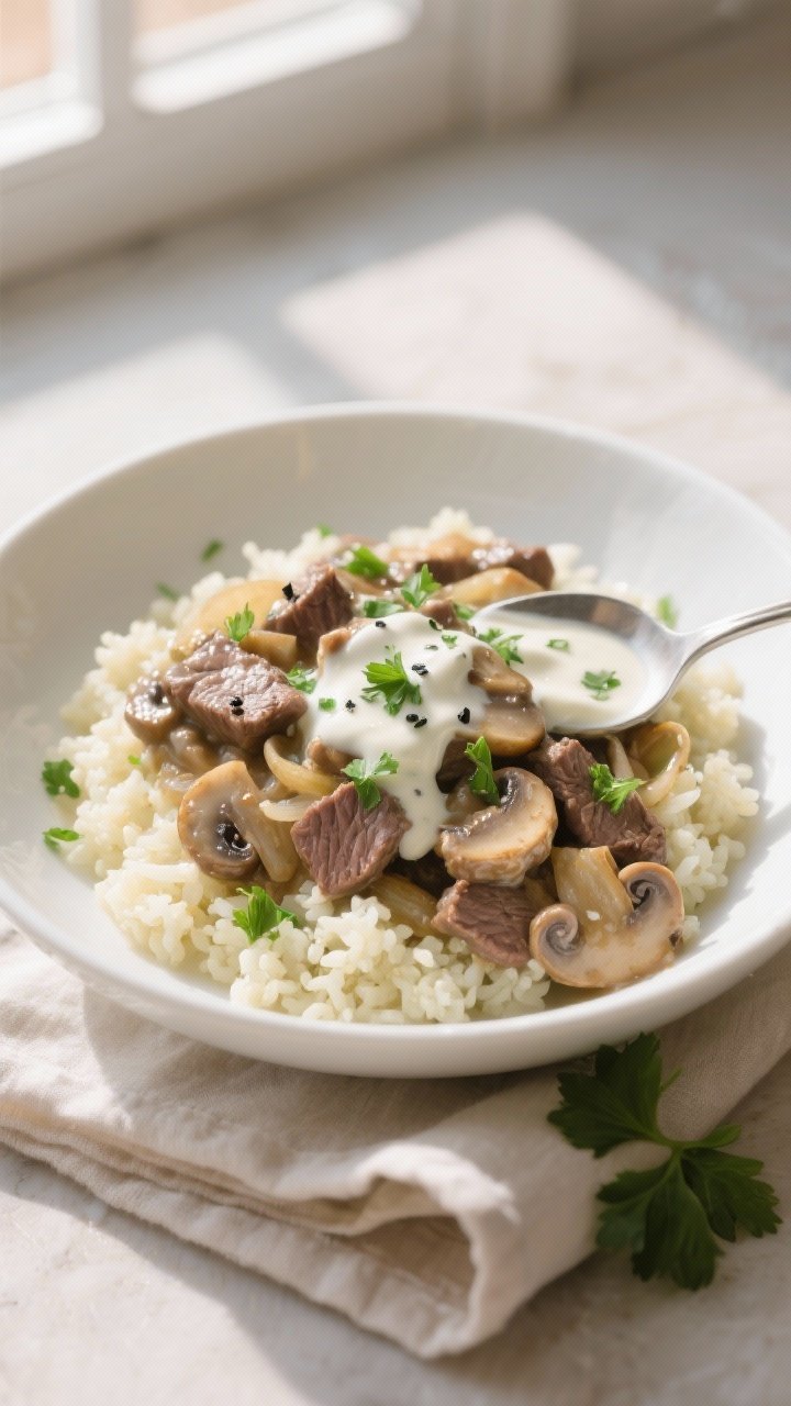 Final plated dish beauty: Keto Beef Stroganoff spooned over buttery cauliflower rice in a wide white