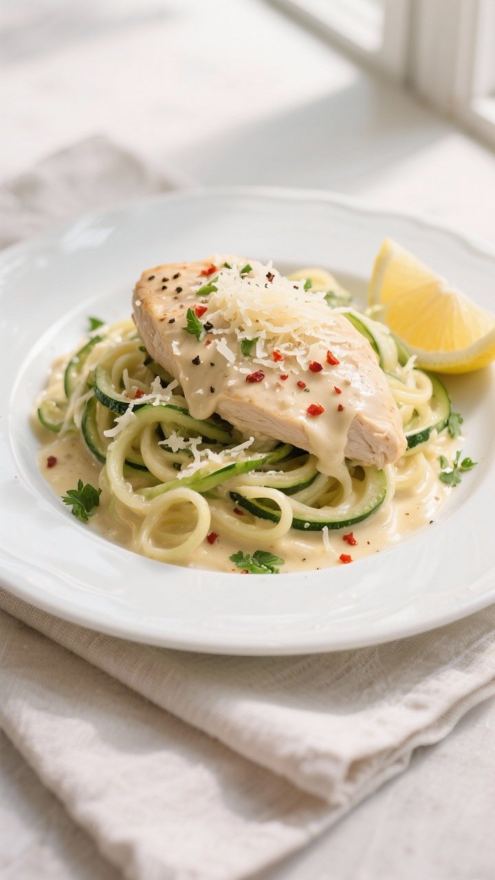 Final plated dish beauty shot: Keto Chicken Alfredo piled over twirled zucchini noodles on a wide wh