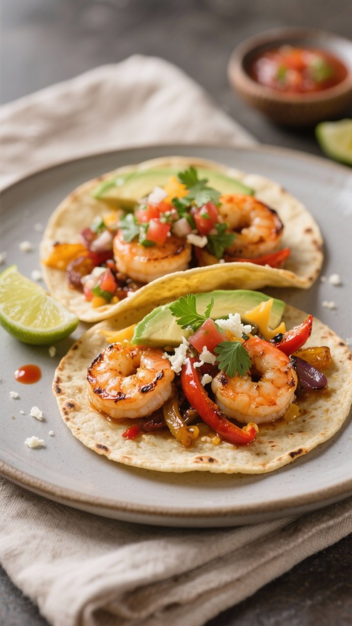Final plated dish beauty shot: Two warm corn tortillas loaded with juicy shrimp, caramelized peppers
