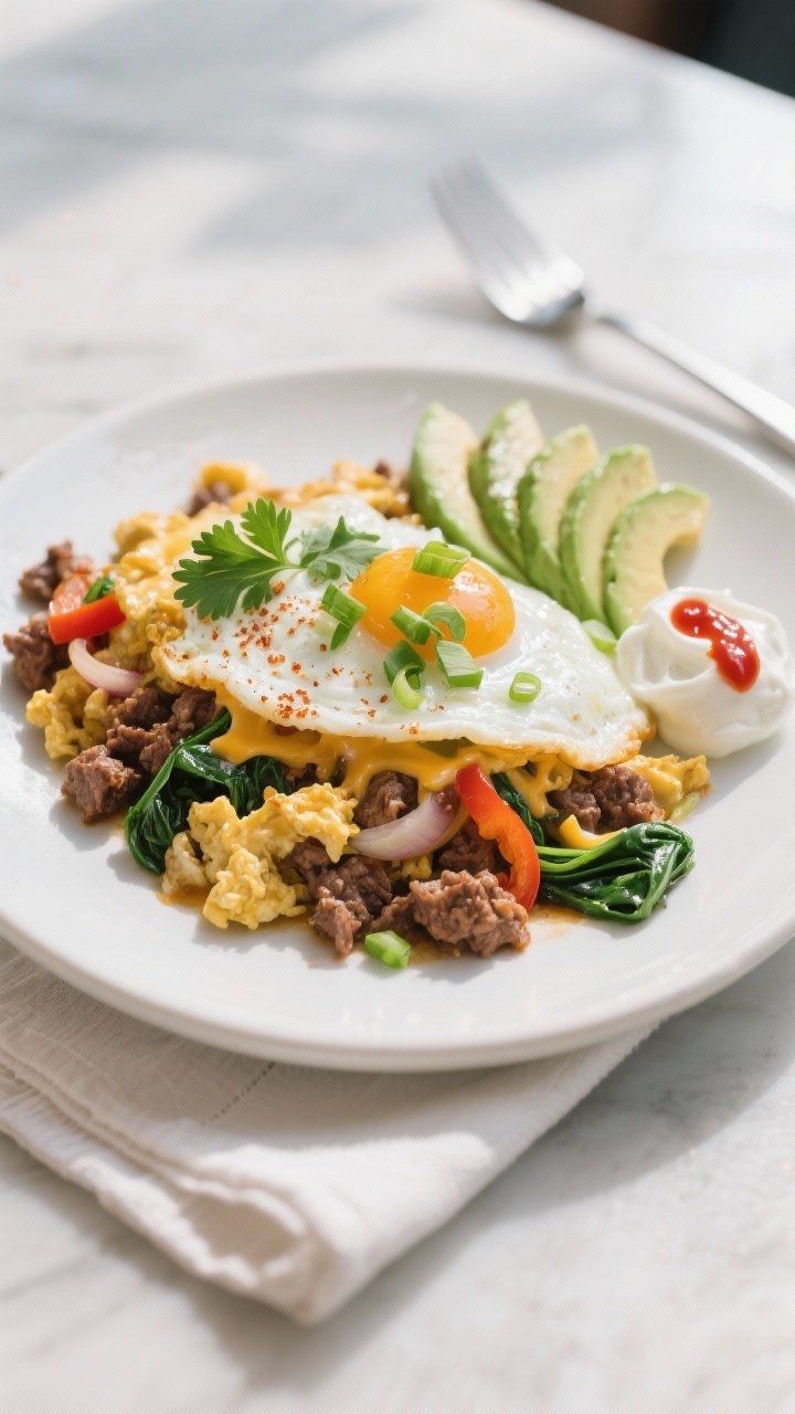 Final plated dish, hero shot: Beautifully plated Keto Ground Beef Breakfast Scramble on a wide, matt