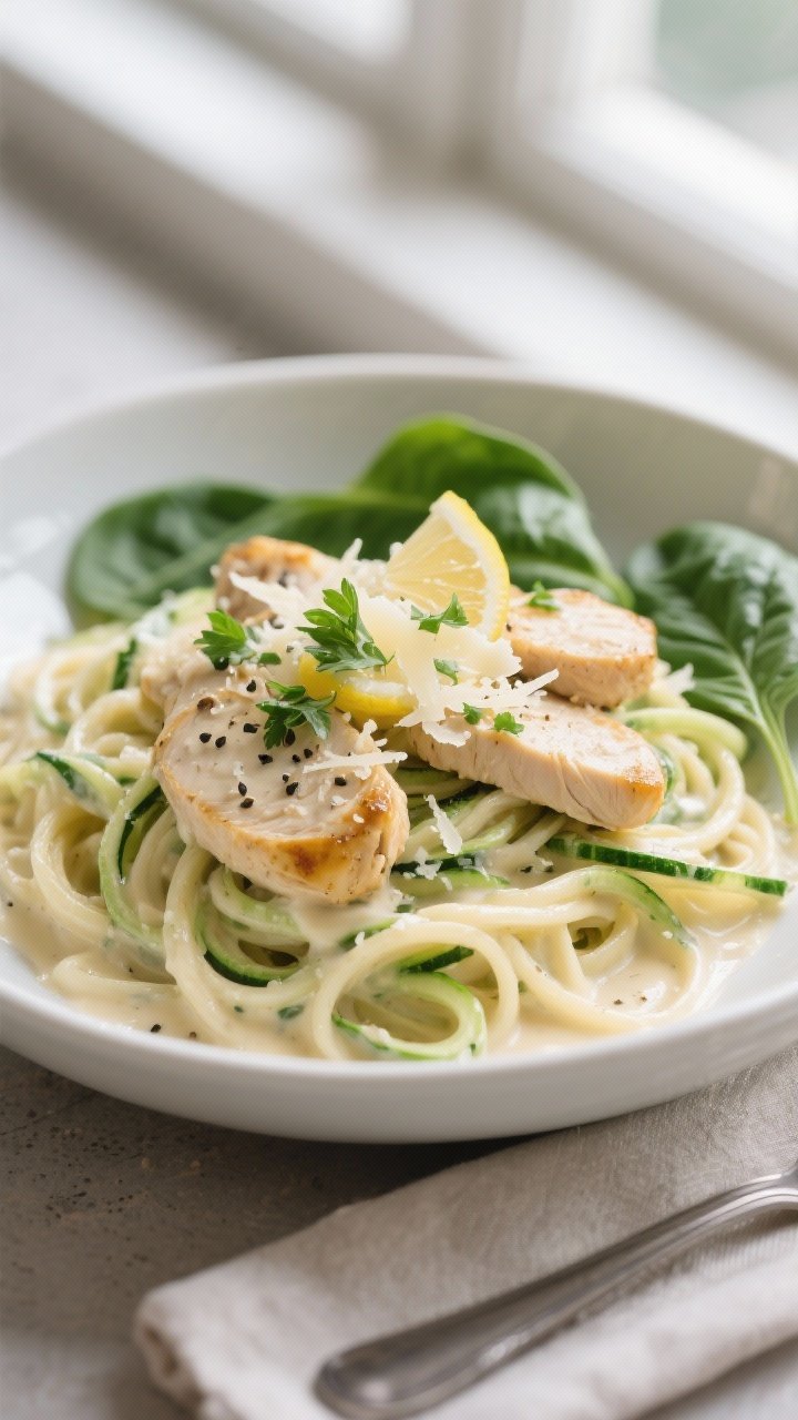 Final plated dish: One-Pan Keto Chicken Alfredo with zoodles, beautifully twirlable and coated in a 