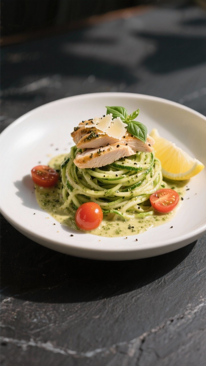 Final plated dish, restaurant presentation: Beautifully plated Creamy Pesto Zoodles with Chicken twi