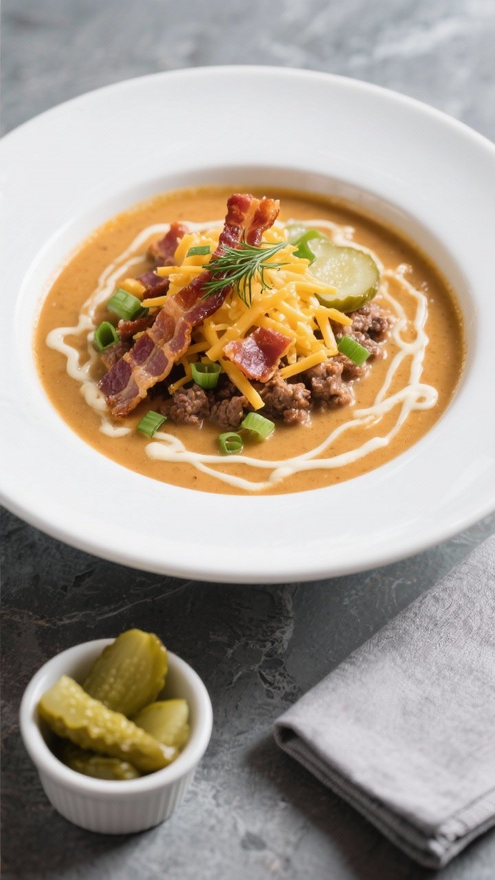 Final plated dish: Restaurant-quality bowl of Keto Bacon Cheeseburger Soup, plated in a wide white s