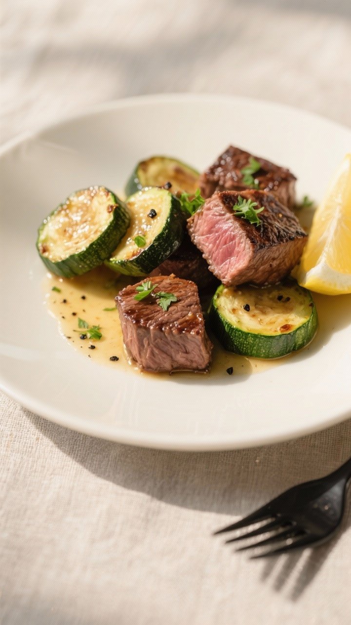 Final plated dish: Restaurant-quality presentation of garlic butter steak bites with zucchini on a w