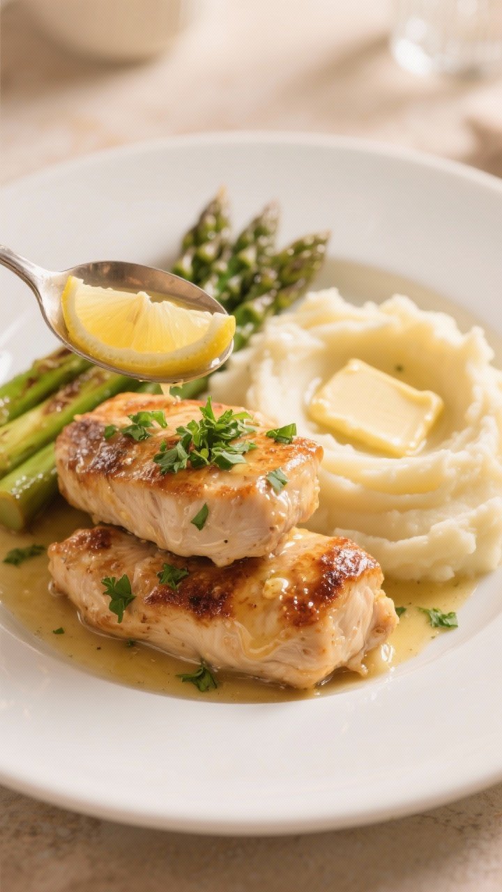 Final plated dish: Restaurant-quality presentation of garlic butter chicken tenderloins stacked on a