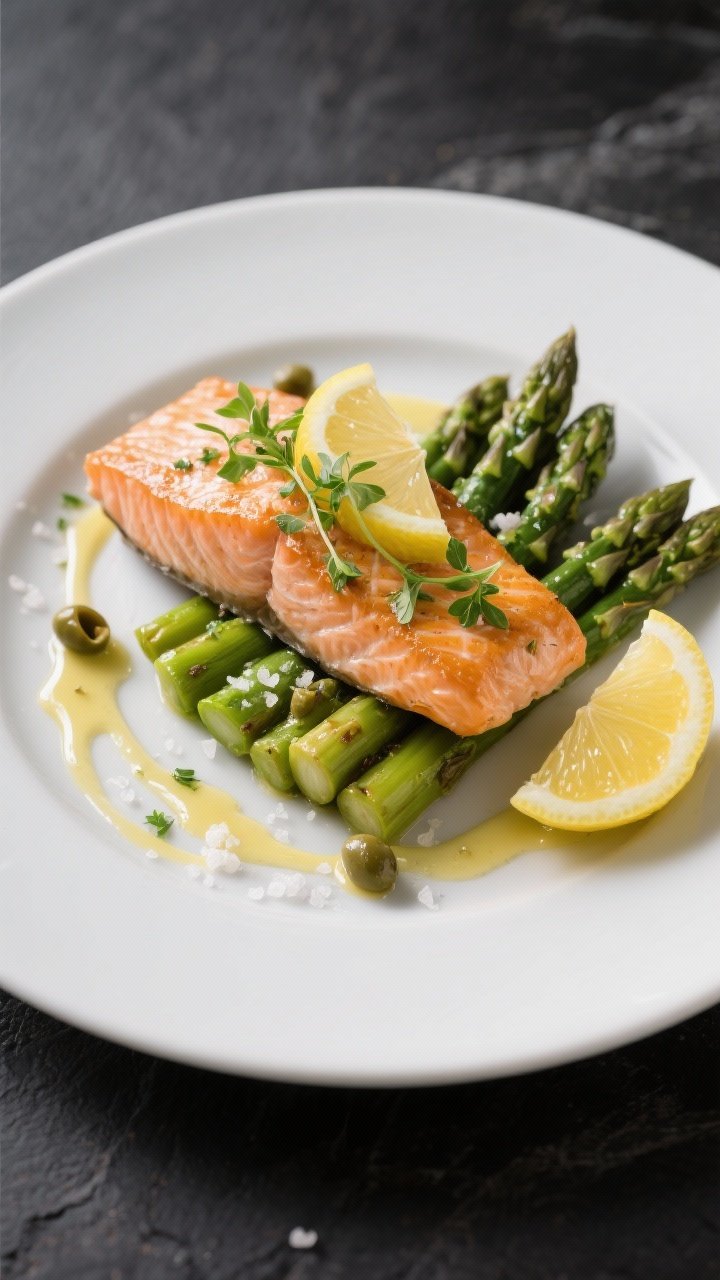 Final plated dish: Restaurant-quality presentation of Lemon Herb Salmon with Asparagus on a matte wh