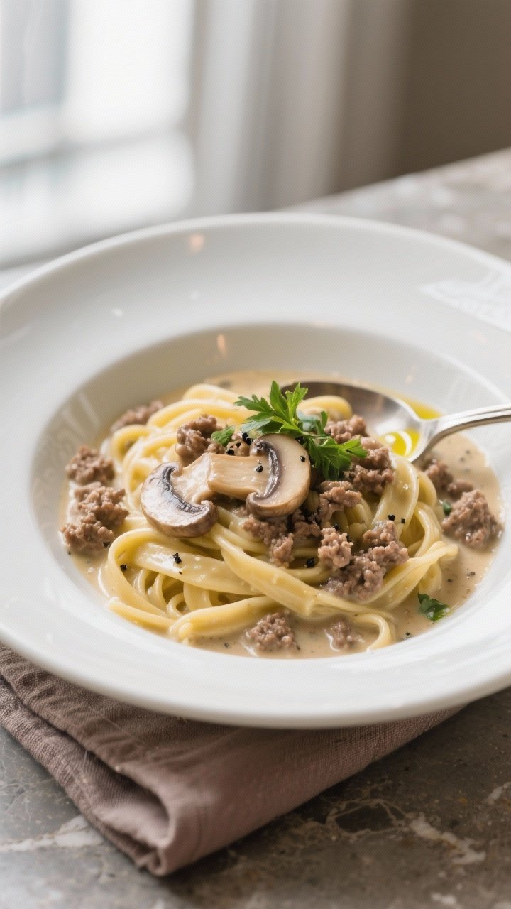 Final plated dish, restaurant-quality presentation: Creamy mushroom and ground beef spooned over but