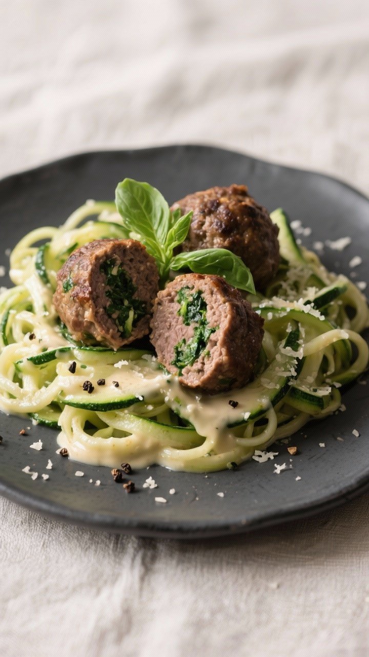 Final plated dish: Restaurant-quality presentation of keto beef and spinach meatballs over a bed of 